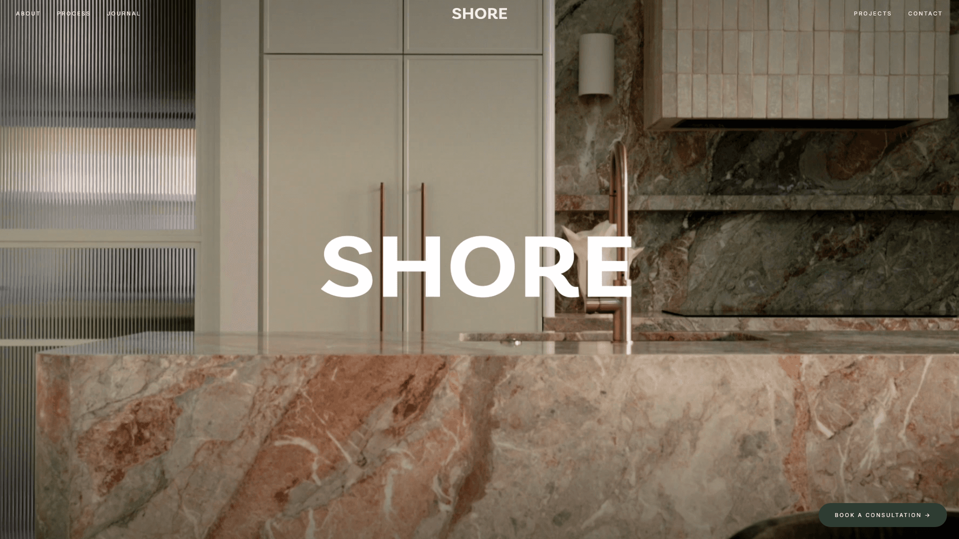 Desktop view of the live SHORE website, showing its navigation, editorial headline and project photography