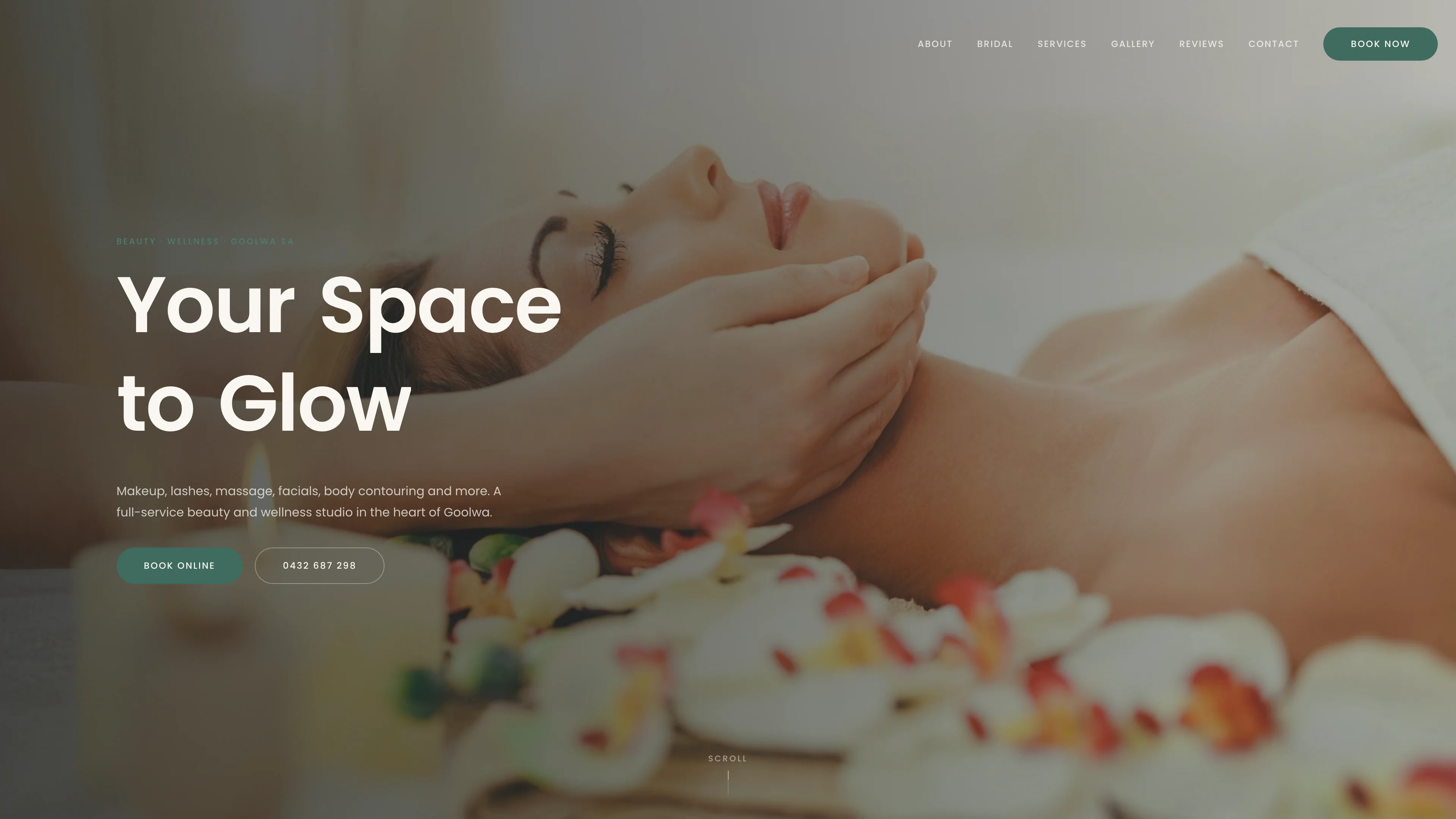 Studio 20 Goolwa homepage with beauty treatment photography and booking links, shown in a desktop browser view