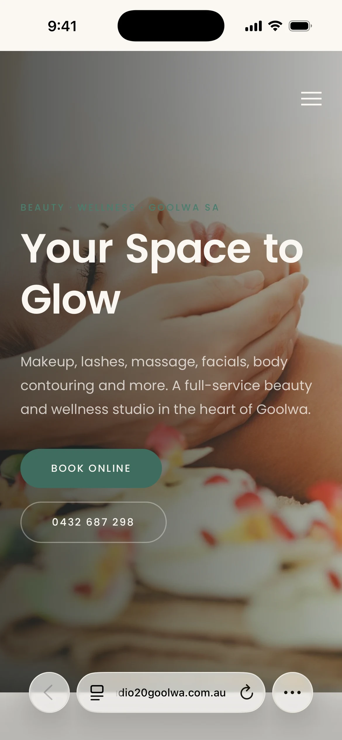 Studio 20 Goolwa homepage with beauty treatment photography and booking links, shown in a mobile browser view