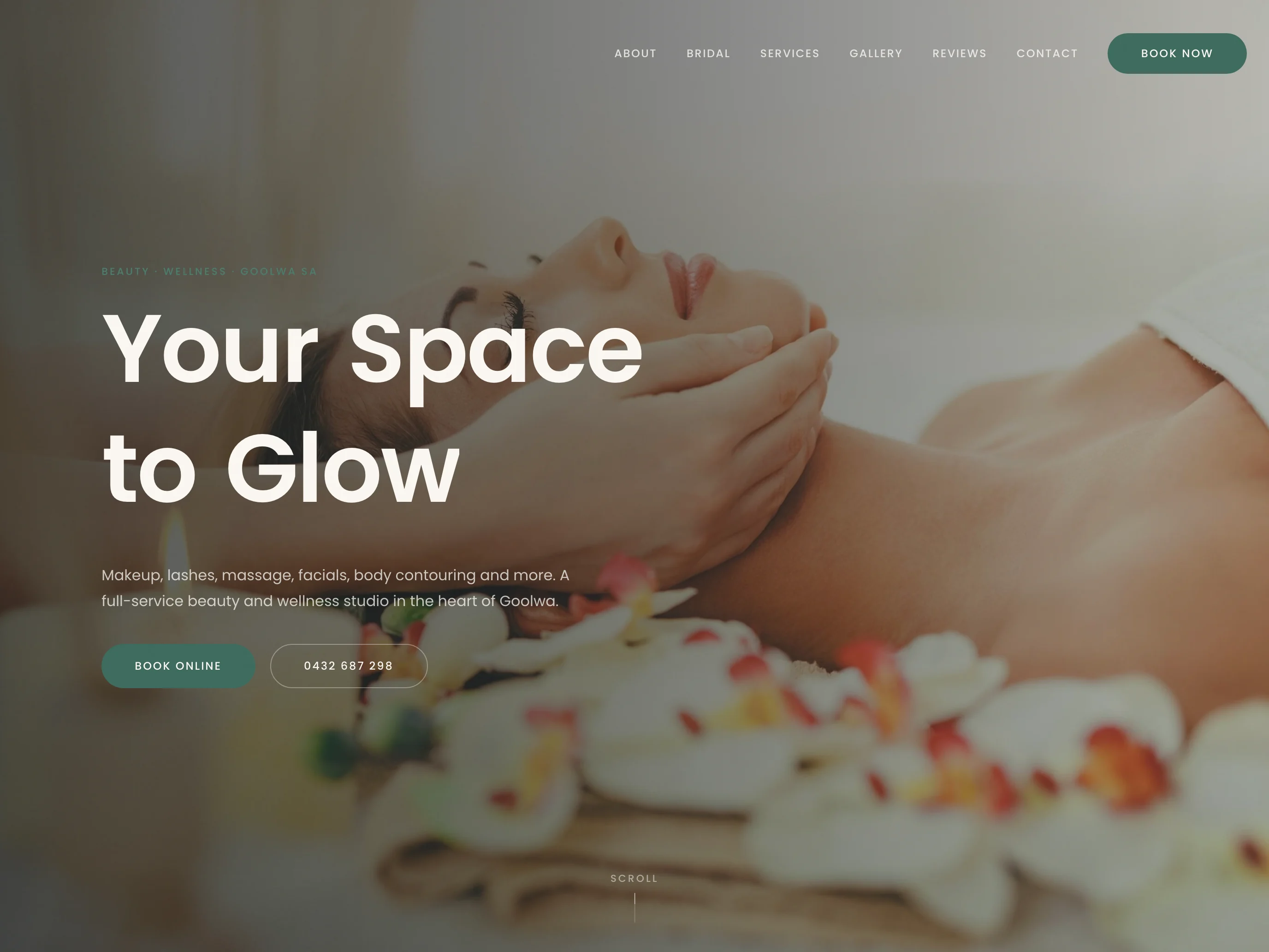 Studio 20 Goolwa homepage with beauty treatment photography and booking links, shown in a tablet browser view