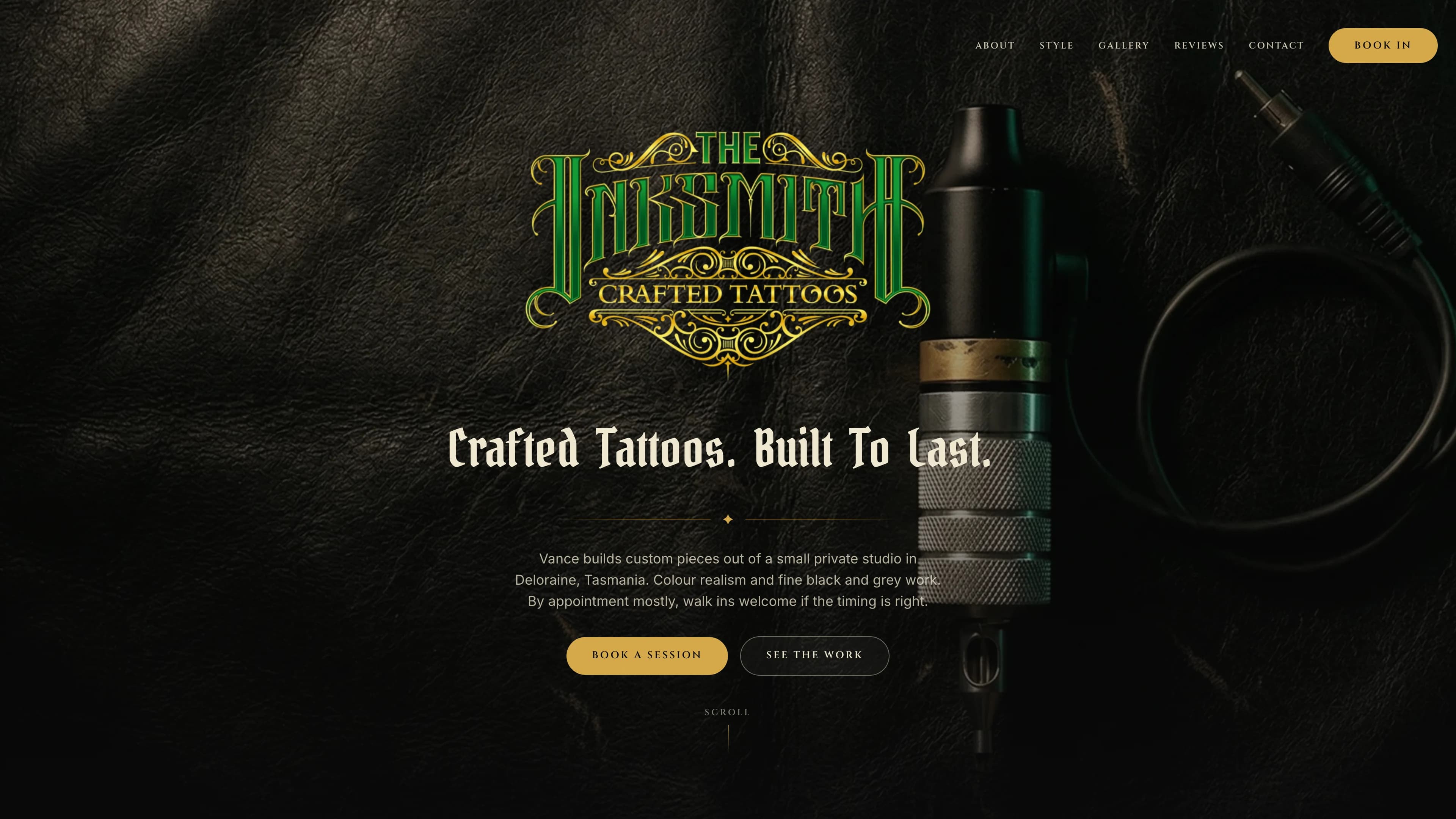 The Inksmith homepage with its ornate logo, studio introduction and enquiry links, shown in a desktop browser view
