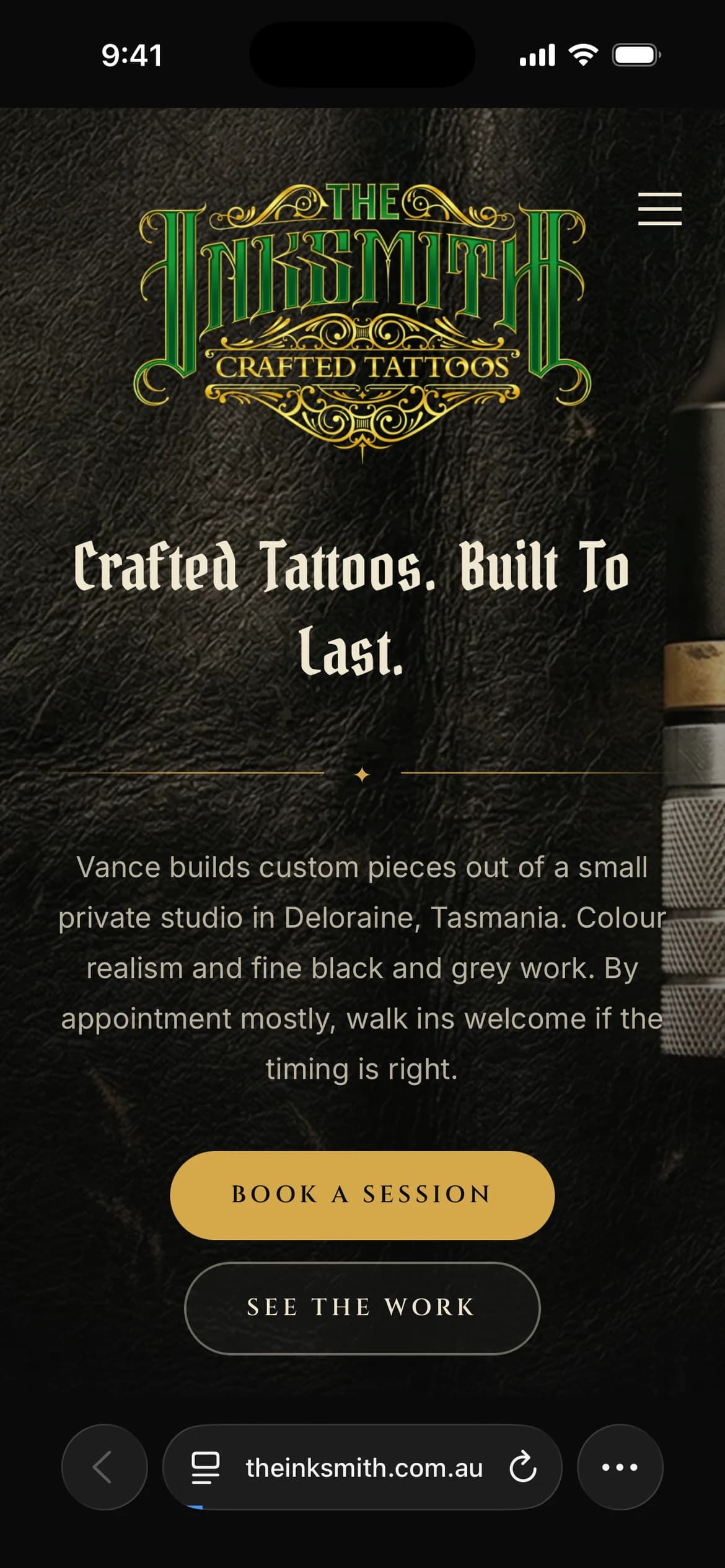 The Inksmith homepage with its ornate logo, studio introduction and enquiry links, shown in a mobile browser view