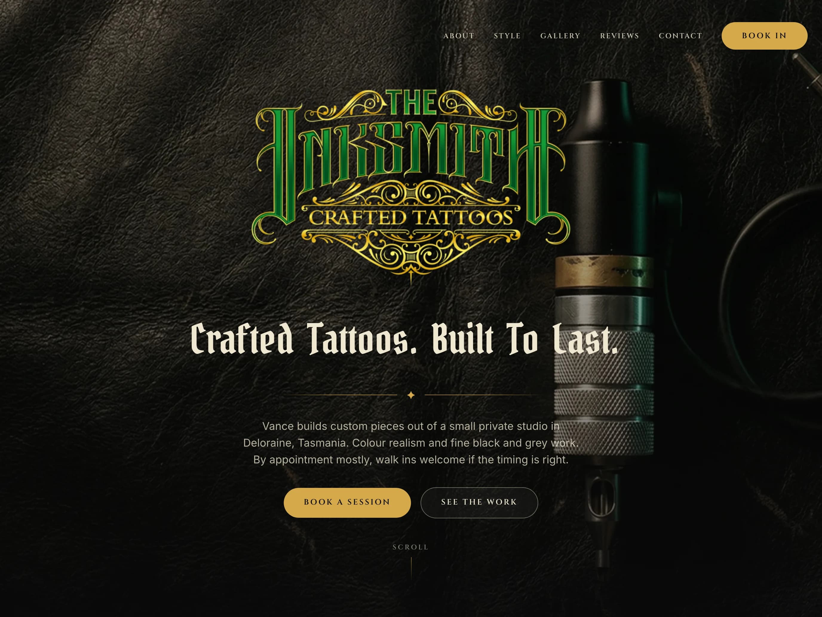 The Inksmith homepage with its ornate logo, studio introduction and enquiry links, shown in a tablet browser view