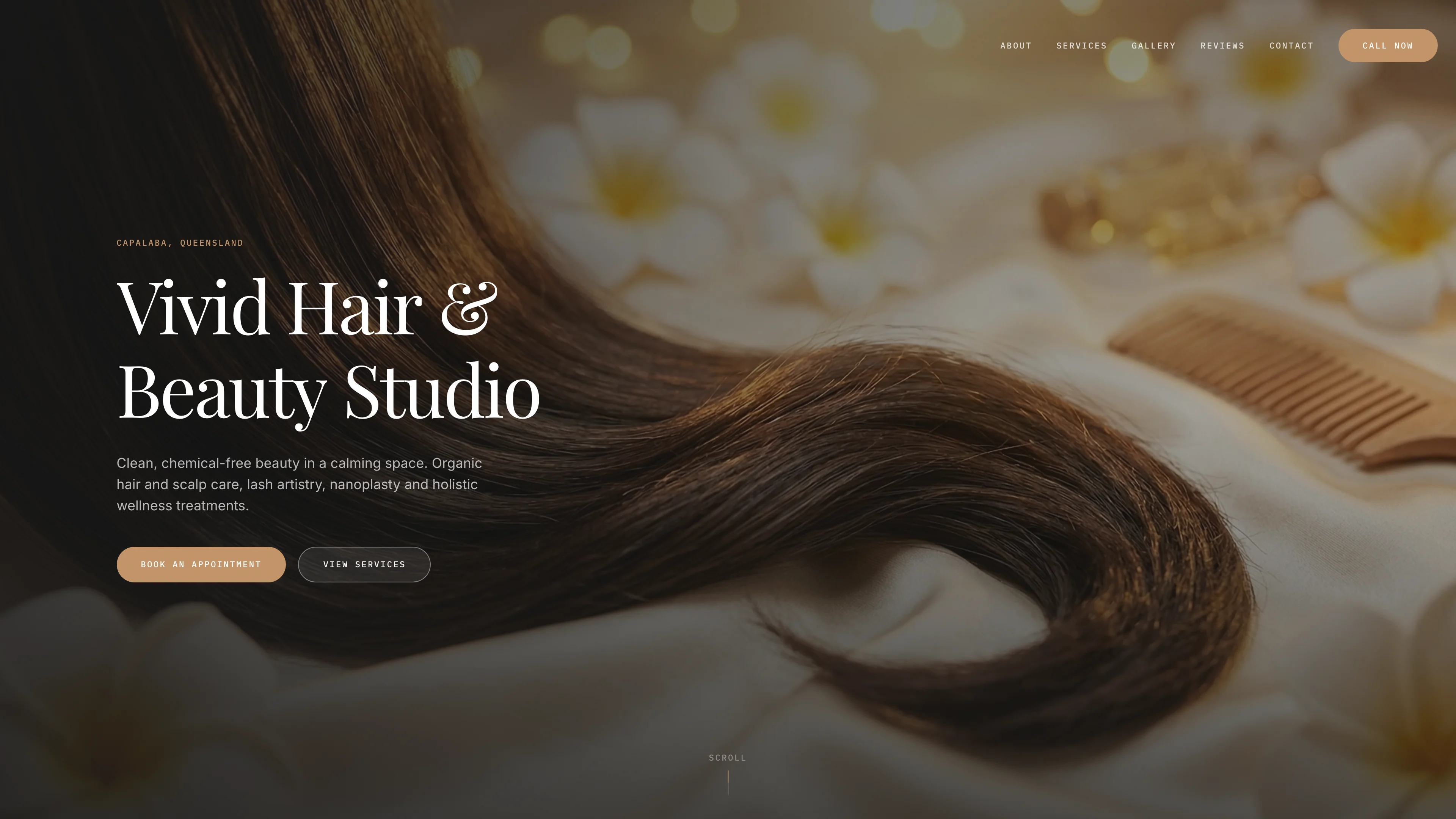 Vivid Hair and Beauty Studio homepage with hair photography and appointment and services links, shown in a desktop browser view