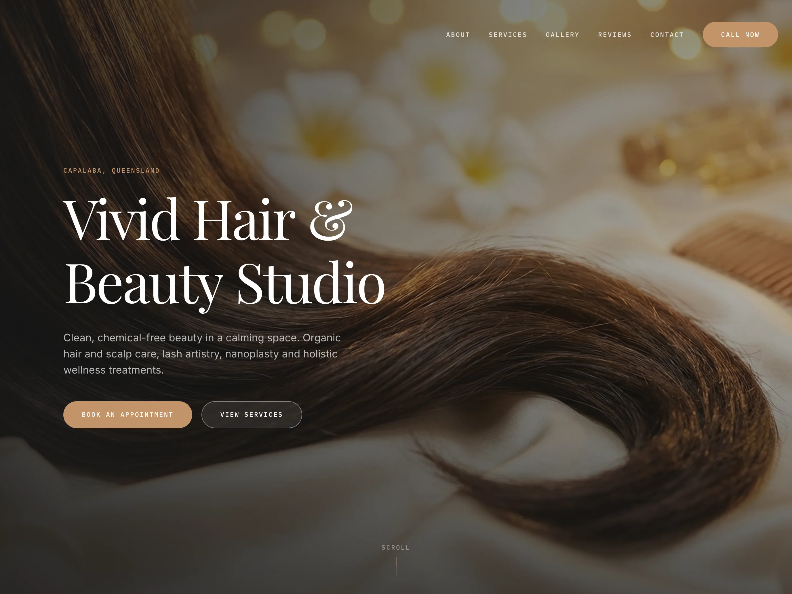 Vivid Hair and Beauty Studio homepage with hair photography and appointment and services links, shown in a tablet browser view