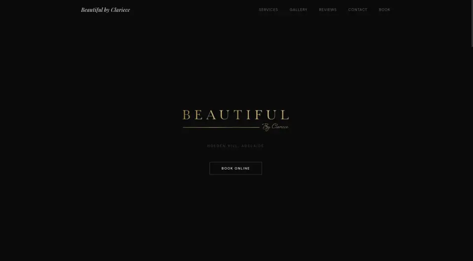 Beautiful by Clariece website with its gold wordmark, Holden Hill studio location and Book Online button