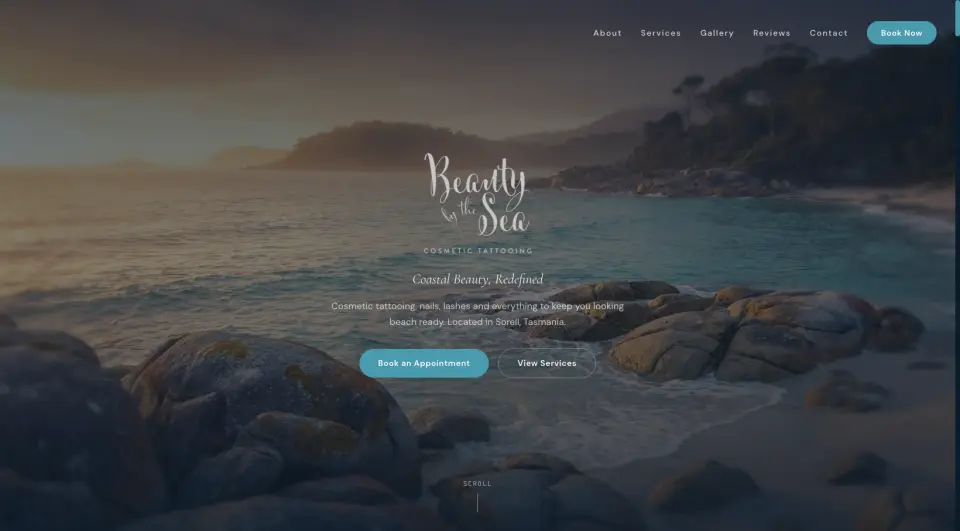 Beauty by the Sea website with its coastal Sorell studio photography and Book an Appointment button