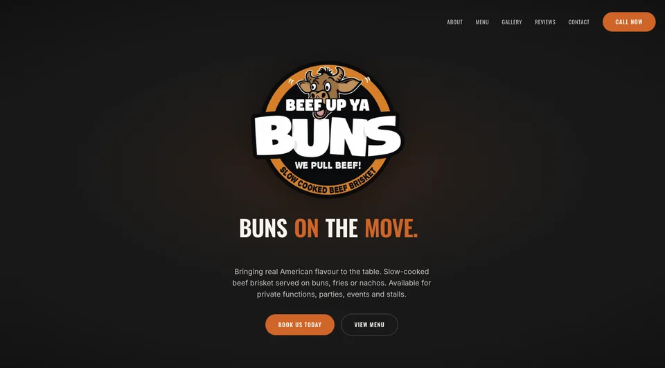 Beef Up Ya Buns website with its brisket logo, Buns on the Move headline and Book Us Today button