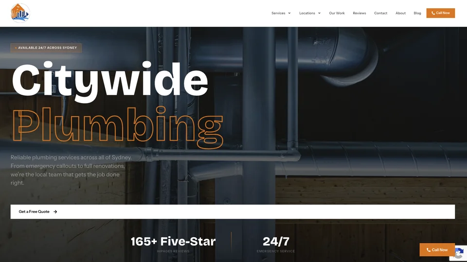 Citywide Plumbing website with exposed pipework, service navigation and a call button