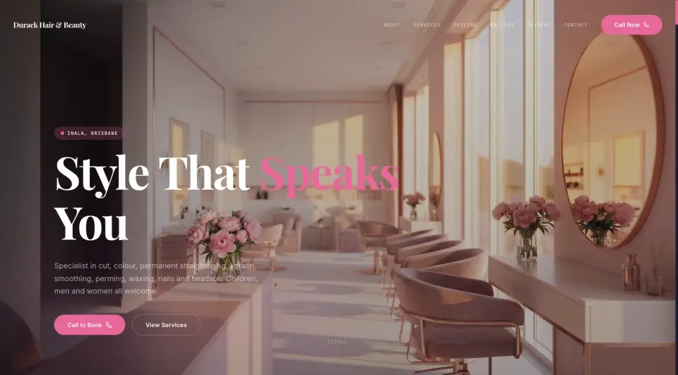 Durack Hair & Beauty website with its Style That Speaks You headline, Inala location and Call to Book button
