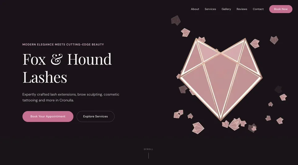 Fox and Hound lashes and beauty website with its geometric fox and appointment link