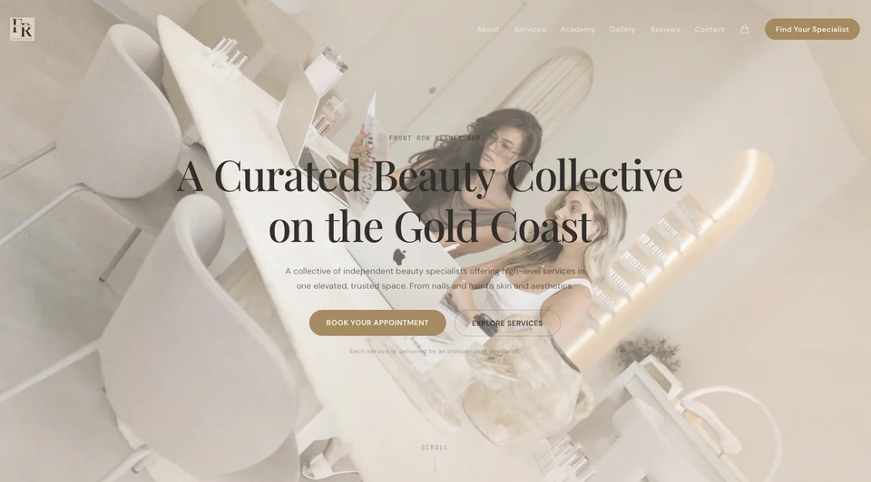 Front Row Beauty Bar website introducing its Gold Coast beauty collective and booking journey