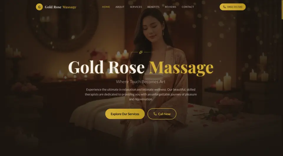 Gold Rose Massage website with its Where Touch Becomes Art headline and Call Now button