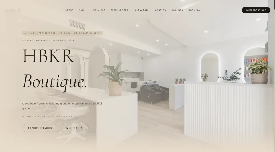 HBKR Boutique website introducing its Robina salon, blondes, balayage and lived-in colour work