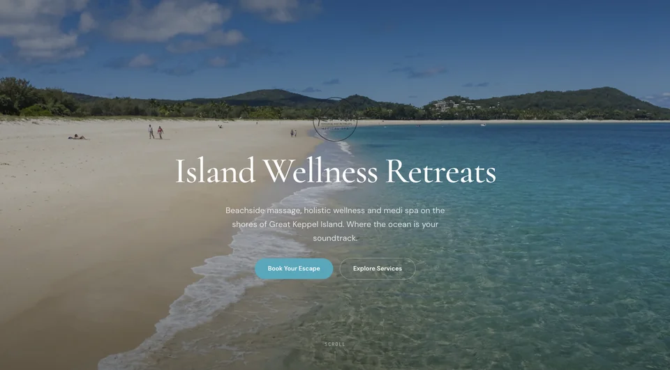 KaHuna Massage and Retreats website with its Island Wellness Retreats headline over a Great Keppel Island beach