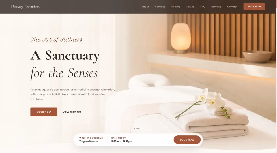 Massage Legendary website with its A Sanctuary for the Senses headline, Taigum Square details and Book Now button