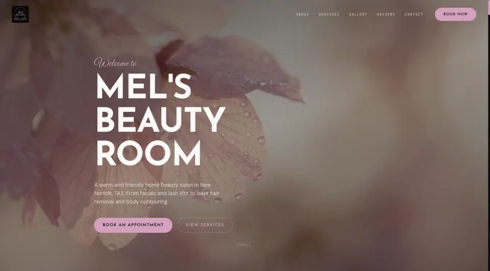 Mel’s Beauty Room website welcoming visitors to its New Norfolk home studio with a Book an Appointment button
