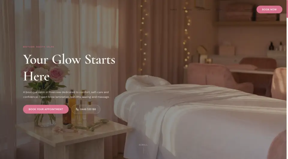 Pretty’s Glow Parlour website with its Your Glow Starts Here headline, Riverview salon details and Book Your Appointment button