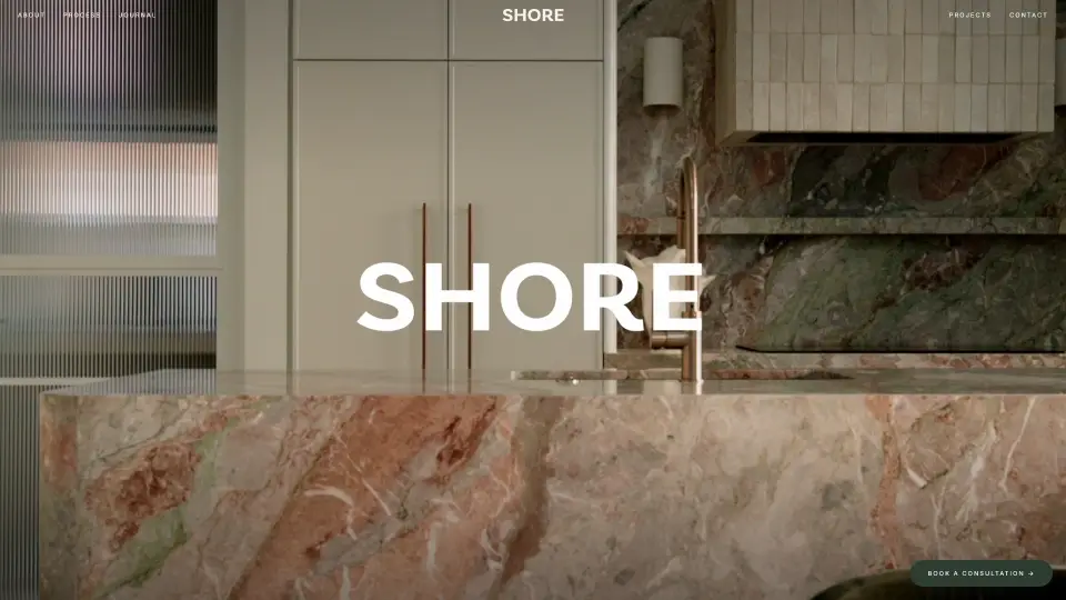 Desktop view of the live SHORE website, showing its project photography and Book a Consultation link