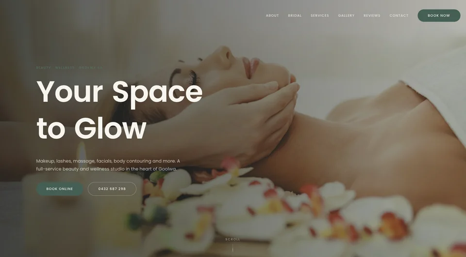 Studio 20 Goolwa website with its Your Space to Glow headline over a relaxing facial treatment
