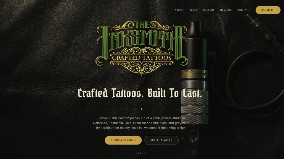 The Inksmith website with its Crafted Tattoos. Built To Last. headline over a tattoo machine and Book a Session button