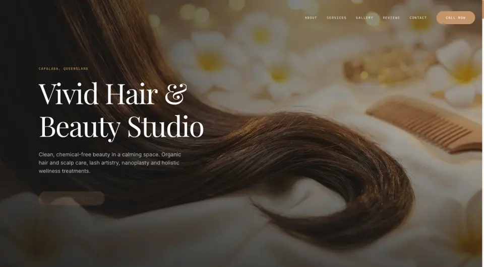 Vivid Hair & Beauty Studio website with its Capalaba location and clean hair, scalp and beauty introduction